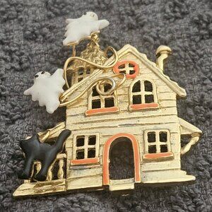 Halloween Haunted House with Enamel Ghosts & Black Cat Brooch Preowned Cond